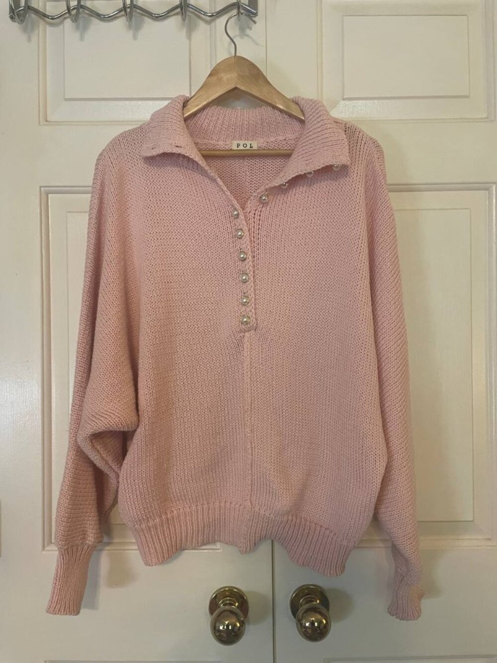 POL Women's Pink Pearl Button Henley Sweater | Soft Girl Cozy Knit Pullover